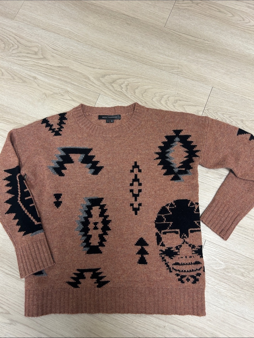 Skull Cashmere Rust Brown Crewneck Sweater with Black & Gray Geometric Motifs